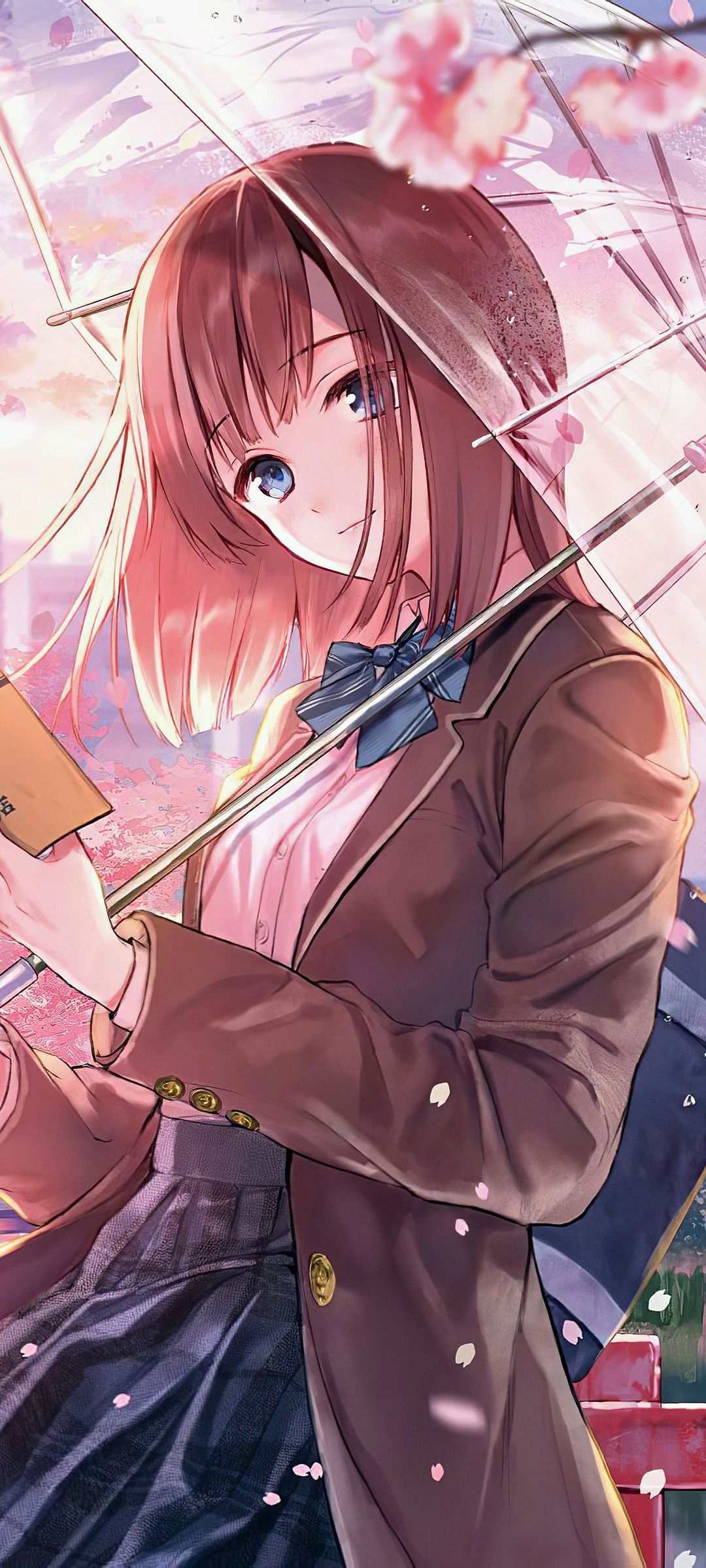 1080x2400 Download Girl under an umbrella, Anime, Umbrella, Sakura, Young woman Wallpaper in 1080x2400 Resolution