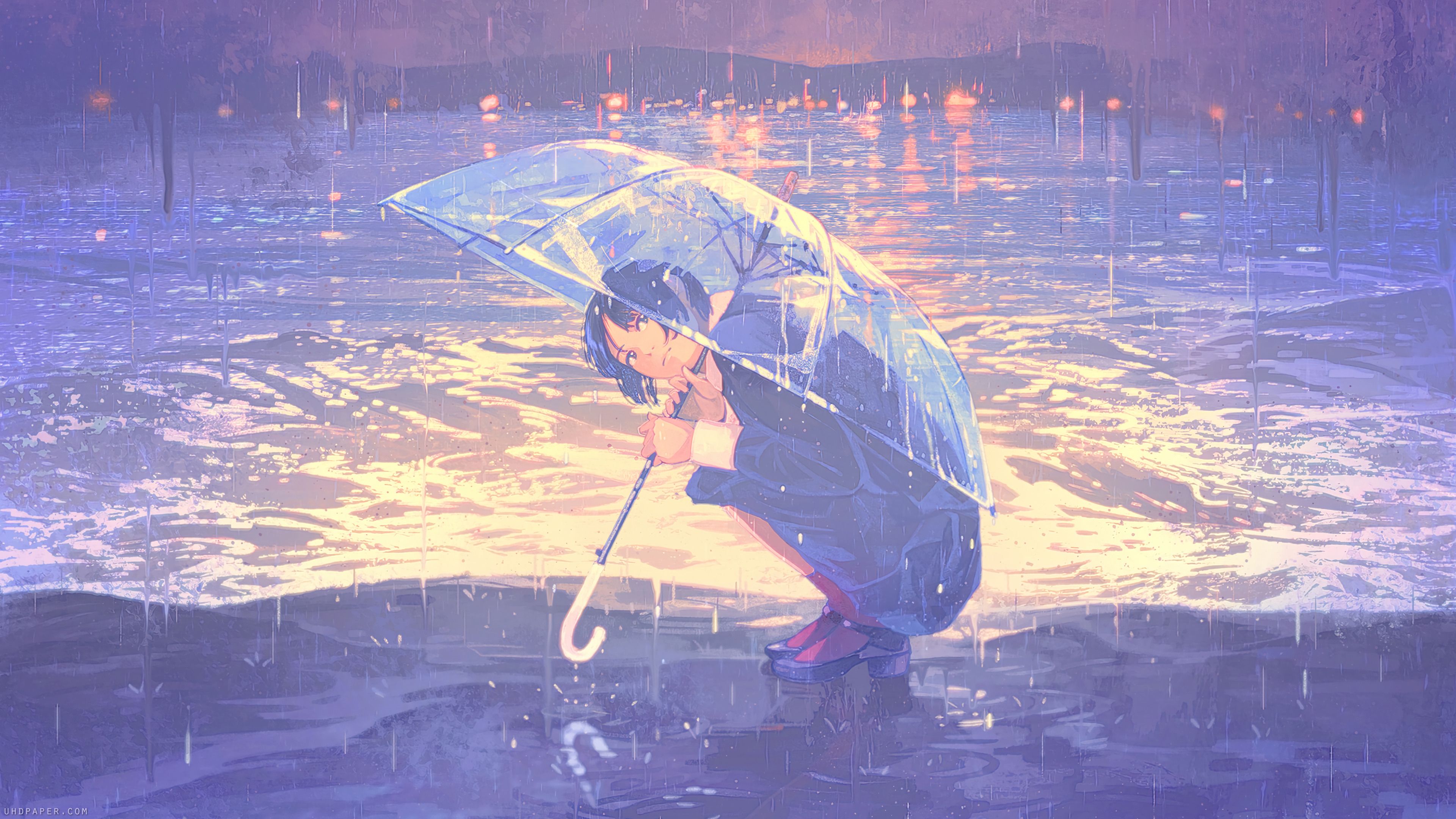 3840x2160 Anime Girl with Umbrella Raining Beach Wallpaper 4K HD PC f