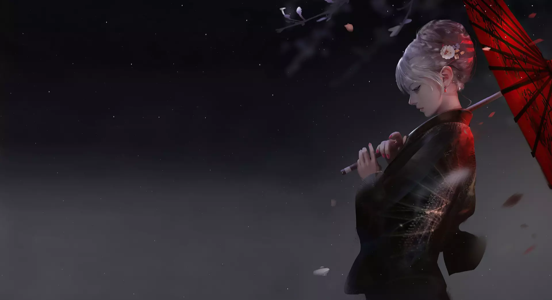 1920x1045 Live wallpaper A girl with a Japanese umbrella in the hands of the black world download on