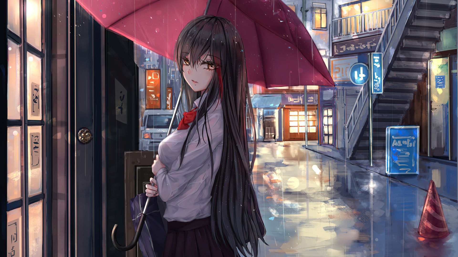 1920x1080 Black Long Hair Anime Girl Is Standing Under Red Umbrella Wearing School Uniform HD Anime Girl Wallpaper