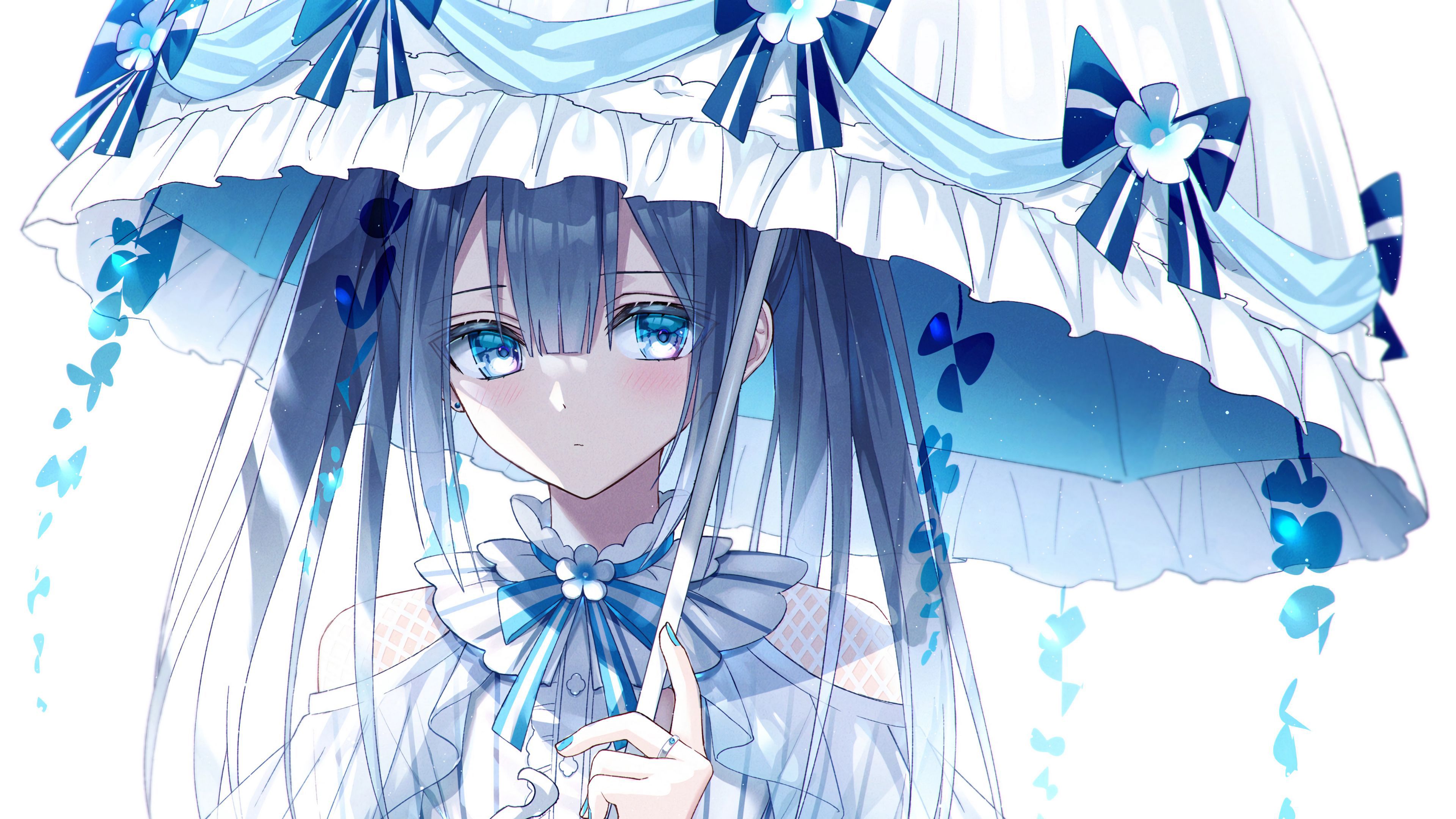 3840x2160 Blue Eyes Anime Girl Is Wearing White Dress Under Umbrella 4K HD Anime Girl Wallpaper