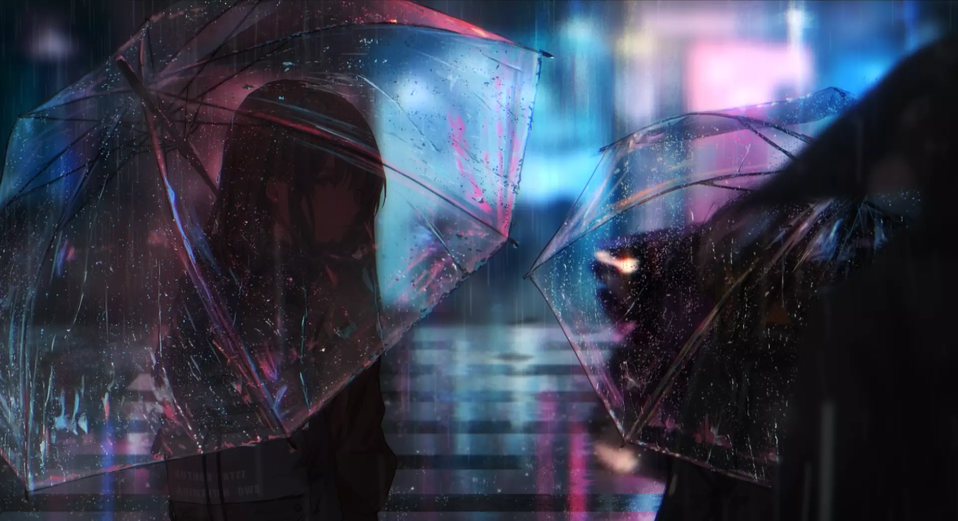 1920x1045 Live wallpaper Night city, a girl under an umbrella download on