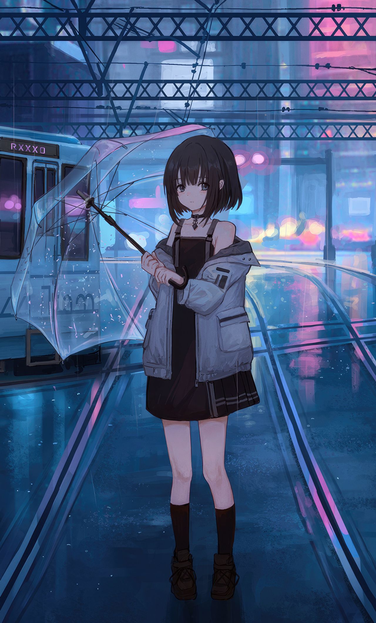 1280x2120 Anime Girl With Umbrella Under Neon Lights Tram Passing By iPhone , HD 4k Wallpaper, Image, Background, Photos and Picture
