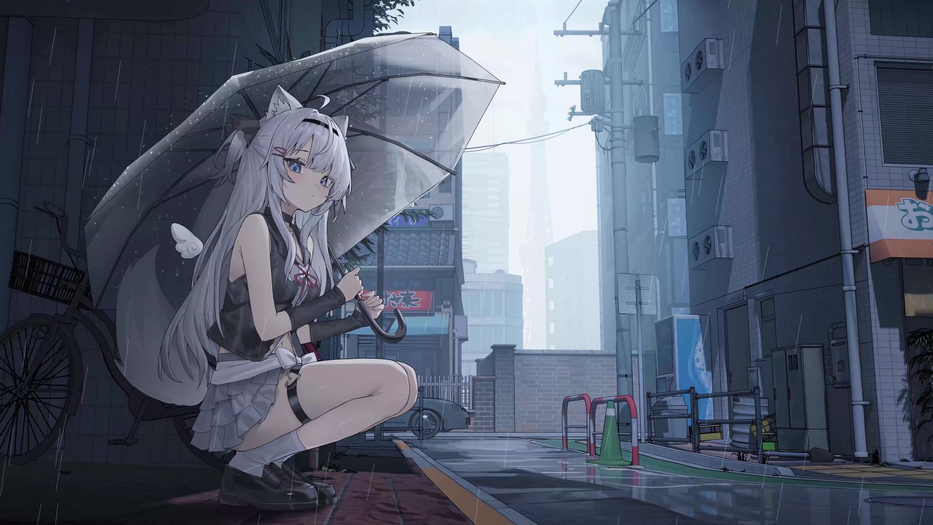 1920x1080 Umbrella Anime Wolf Girl Rainy City Street Live Wallpaper