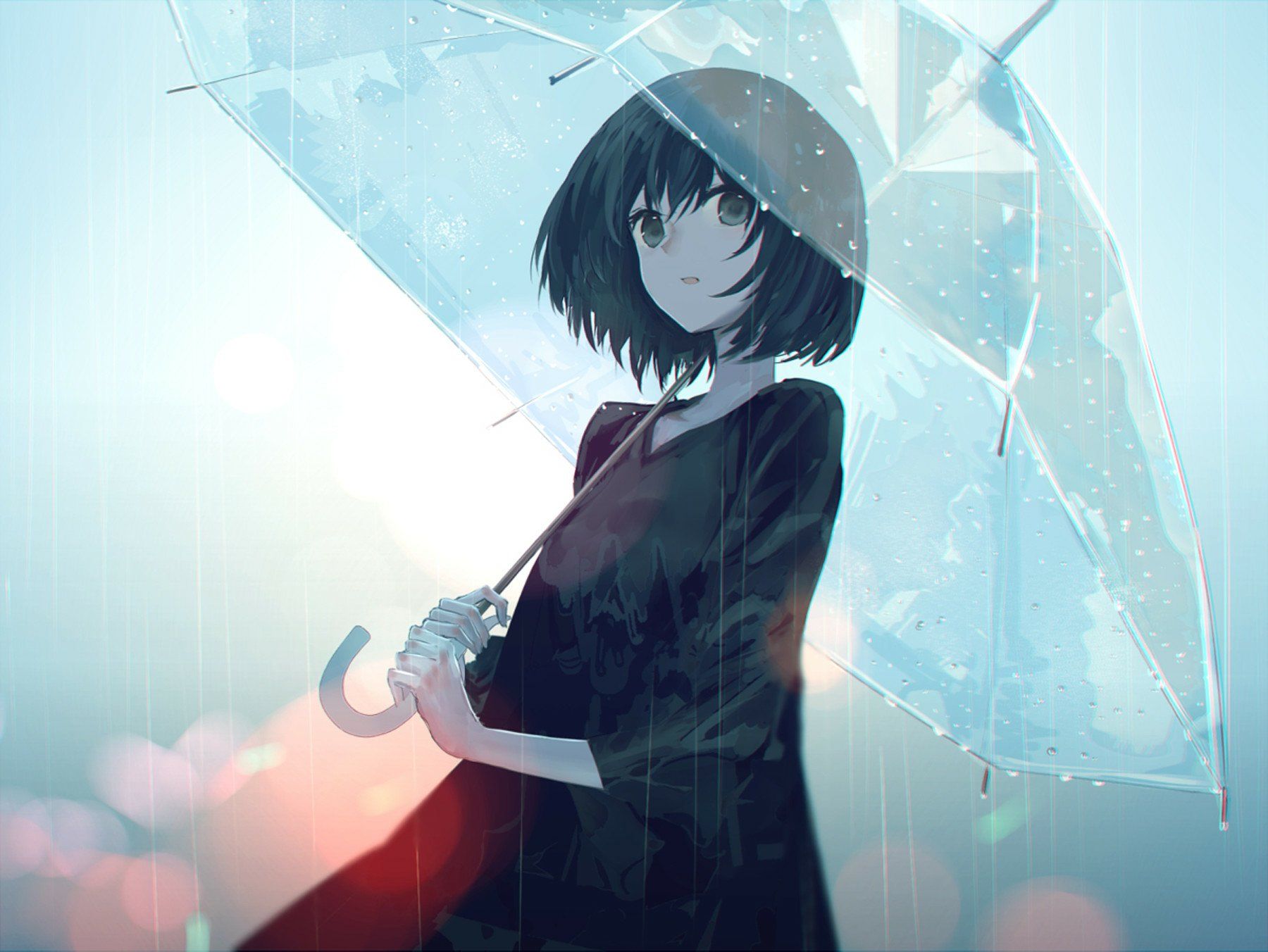 1800x1352 Rainy Day Anime Girl with Short Hair and Umbrella