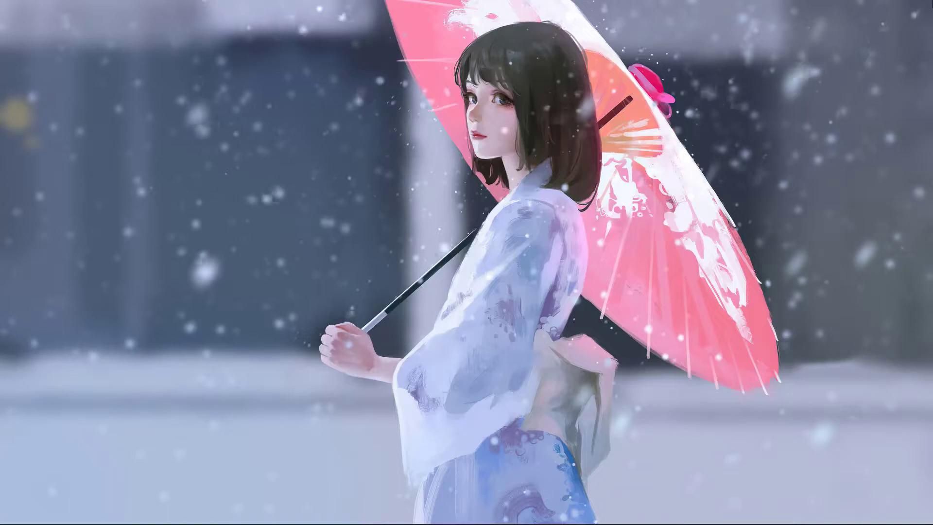 1920x1080 Girl in Kimono With Umbrella Live Wallpaper