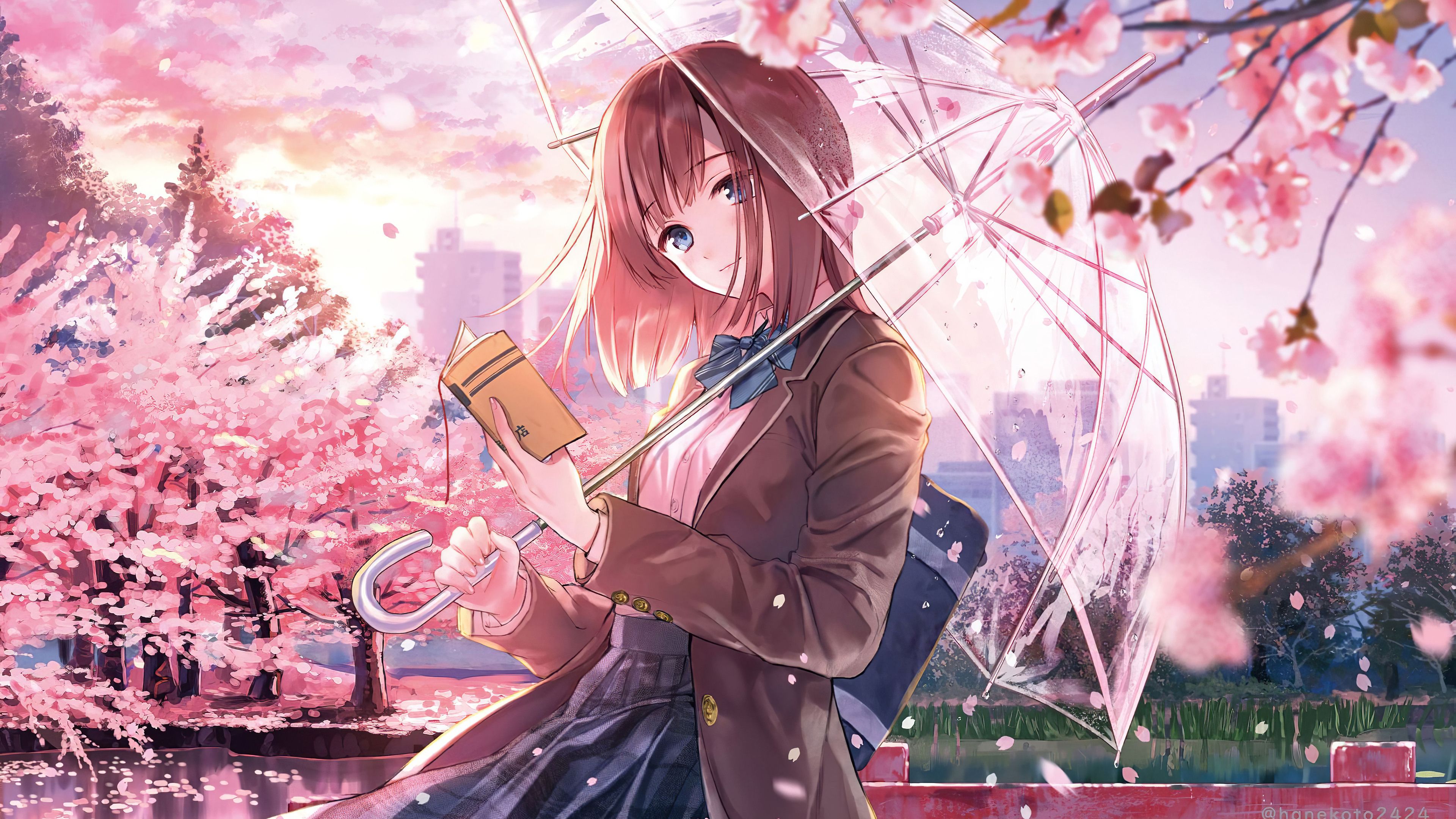 3840x2160 Anime School Girl Cherry Blossom Umbrella Wallpaper 4K HD PC h