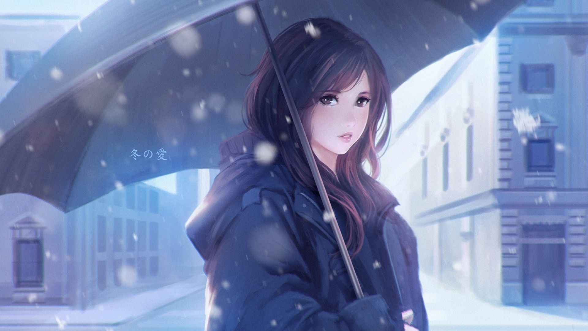 1920x1080 Winter Love Girl Umbrella Anime Character HD Wallpaper