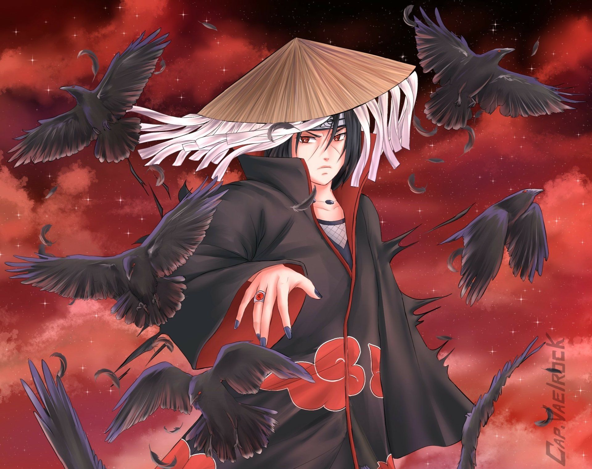 1920x1520 Itachi Uchiha: HD Naruto Anime Wallpaper with Crows in Red Skyx1842