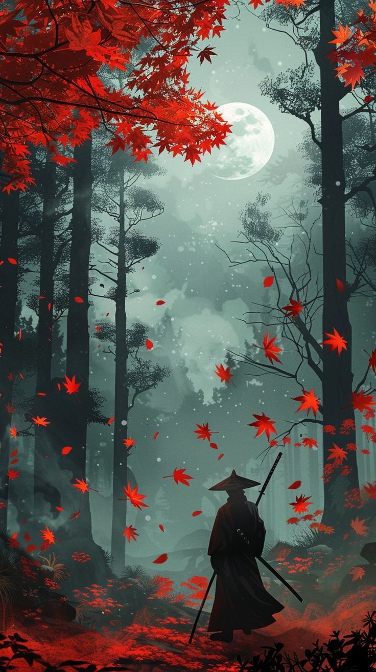 736x1313 Silhouette of Samurai in Tranquil Forest