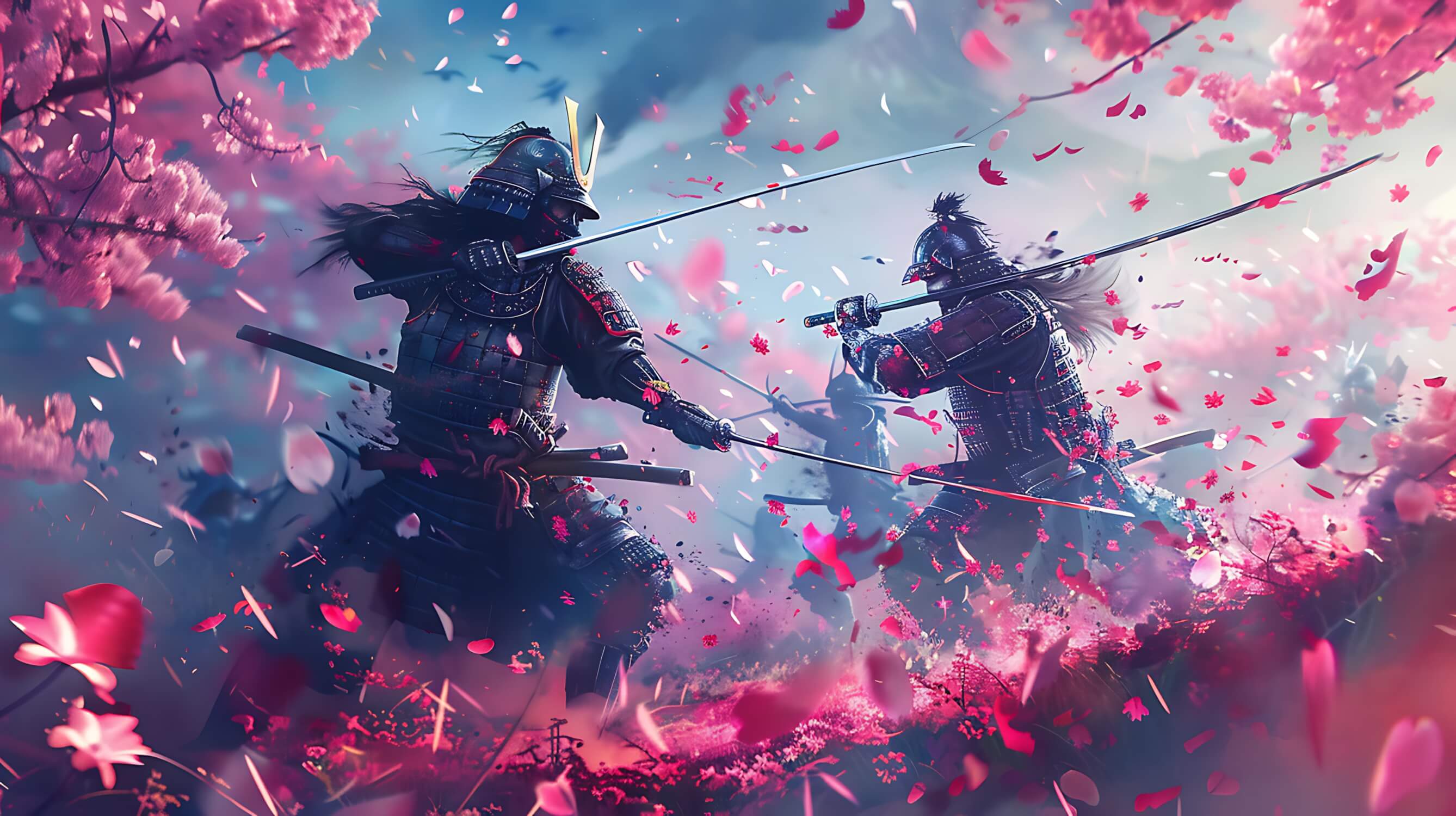 2676x1500 Japanese Samurai Mural Wallpaper. Cherry Blossom Battle Scene