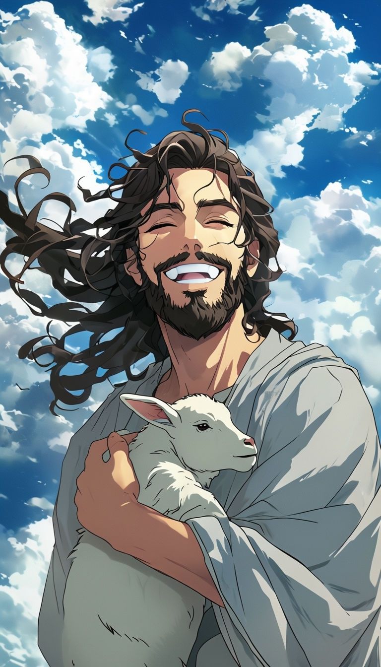 768x1344 Joyful Anime Jesus Illustration Holding a Lamb in His Arms Poster