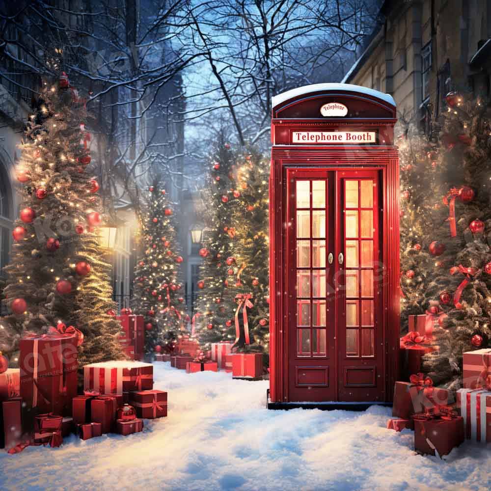 1000x1000 Kate Christmas Red Phone Booth Snow Printed Backdrop Designed by Emetselch, 6.5x6.5ft kids / headshots / pets / Microfiber (Printed)