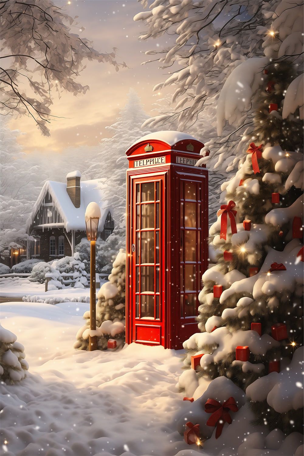 1000x1500 Christmas Red Telephone Booth Snow Backdrop BRP8- 5'W*7'H(1.5*2.2m)