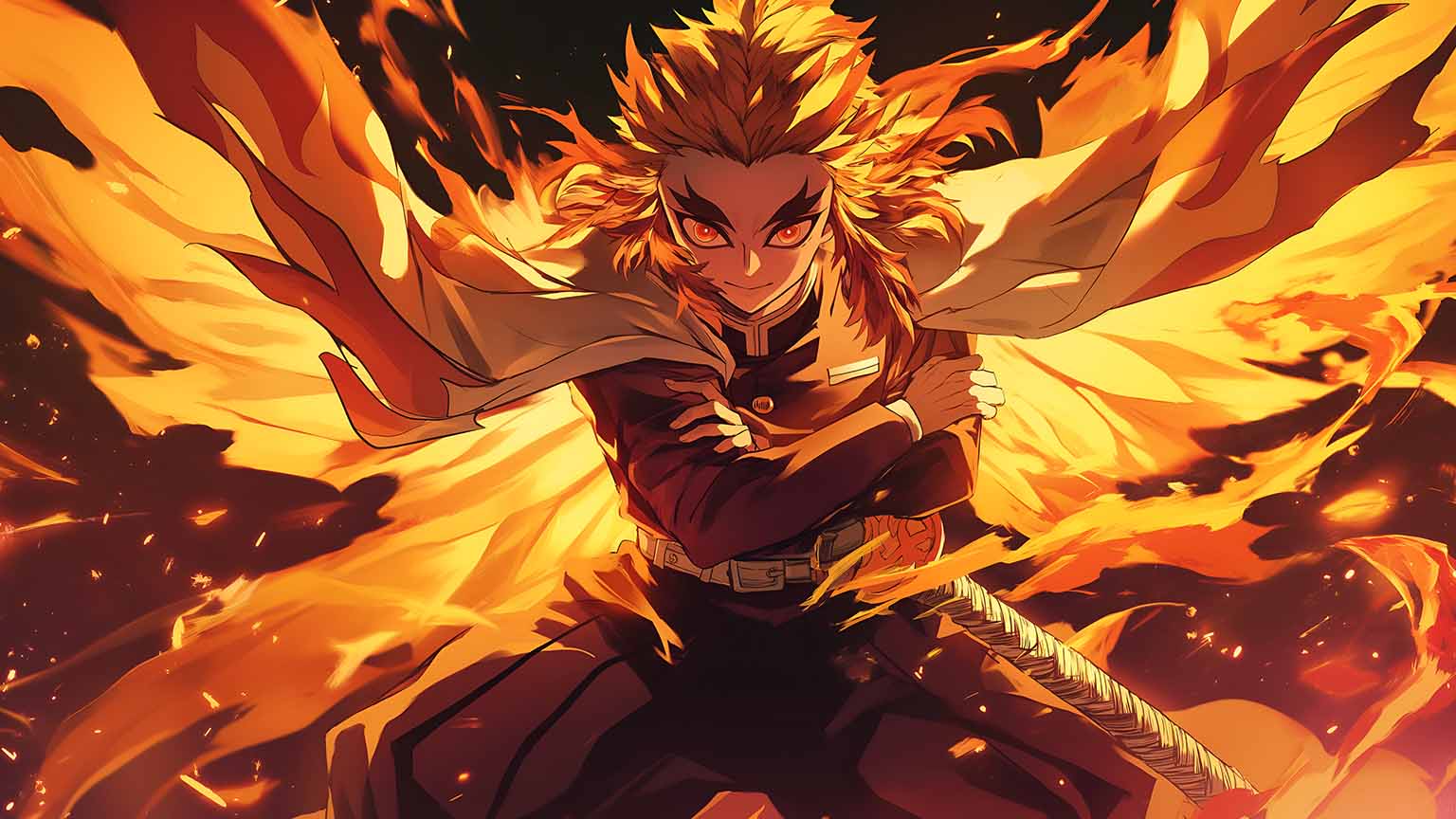 1536x864 Demon Slayer Kyojuro Rengoku Flame Pillar Desktop Wallpaper