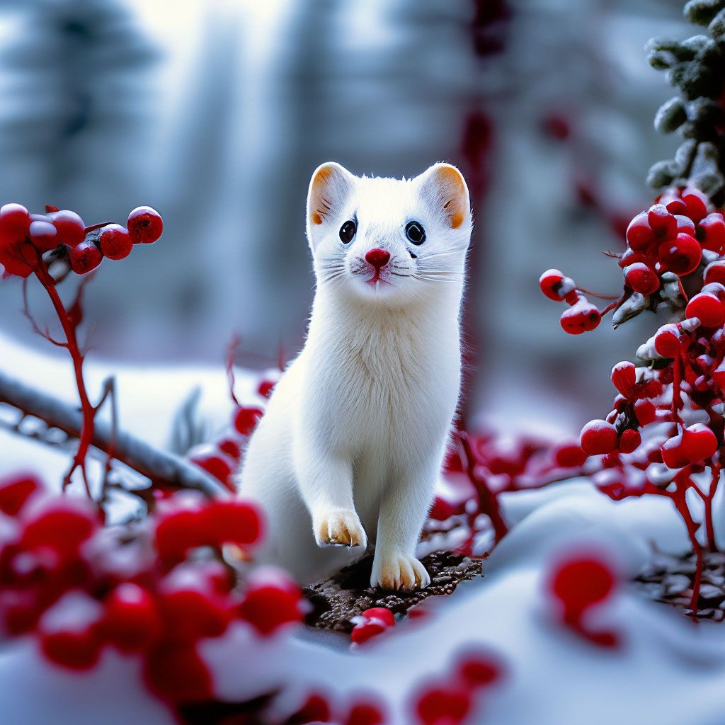 1024x1024 Ermine A white ermine stands on its hind legs, looking around, against the
