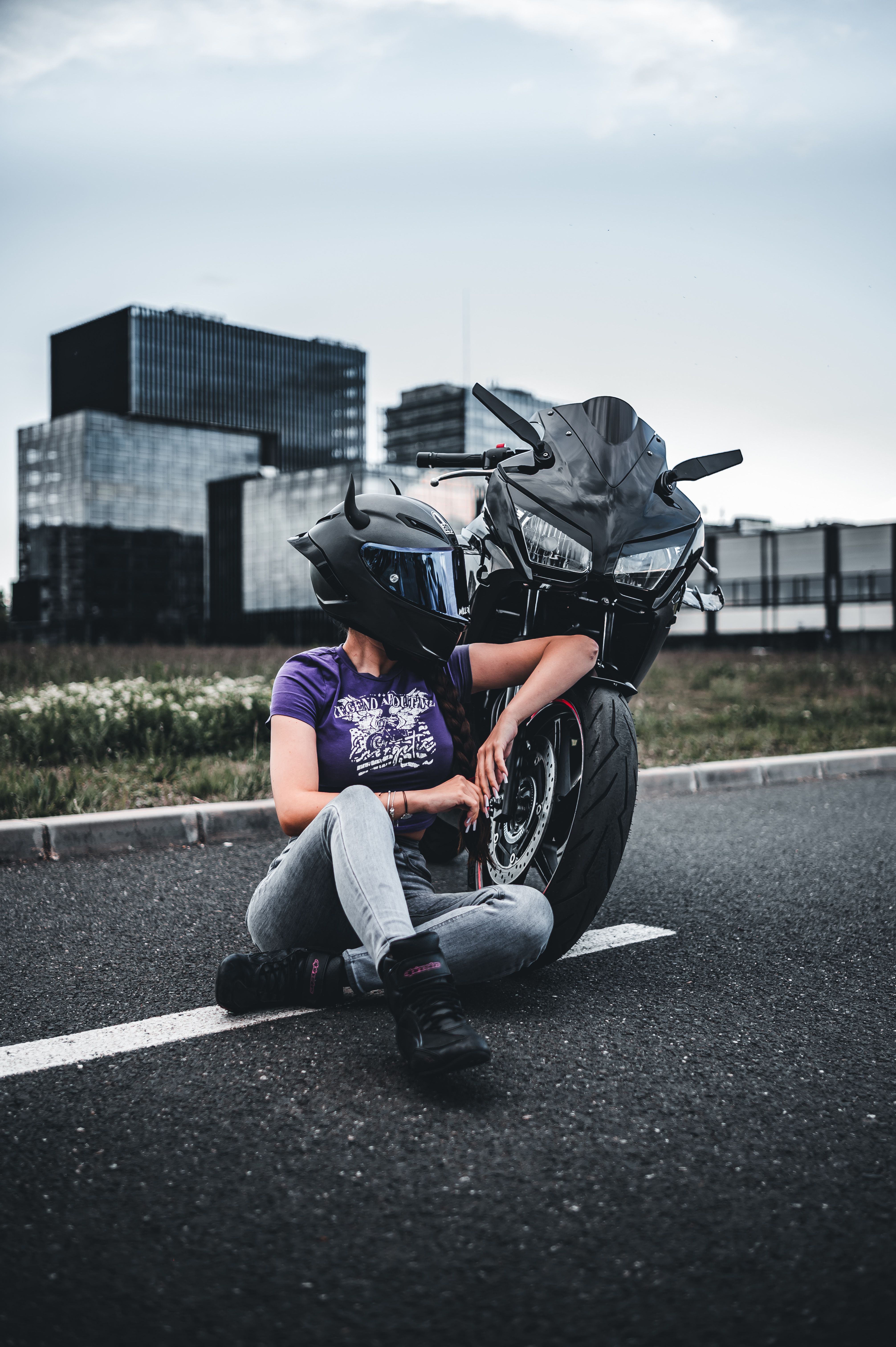 4024x6048 Woman Resting with Motorcycle in Urban Setting · Free