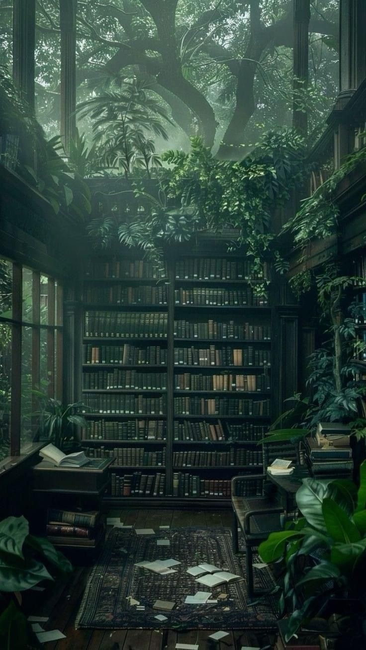 736x1308 Green Academia Aesthetic Inspiration. Atrium photo, Enchanted forest aesthetic room, Overgrown library