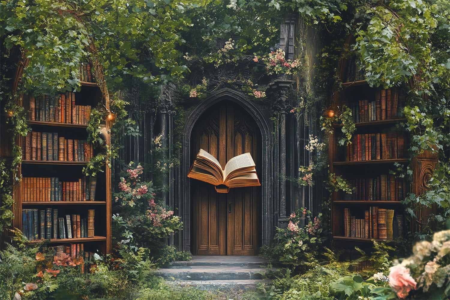 1500x1000 Library Backdrop Enchanted Garden Library Entrance School Backdrop CSH58 109