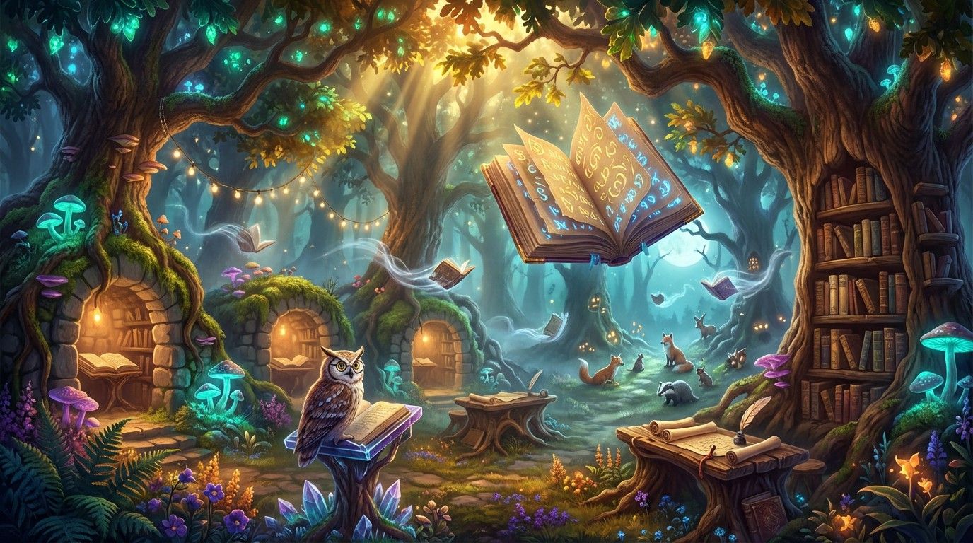 1376x768 Download Enchanted Forest Library Image, Library, Books