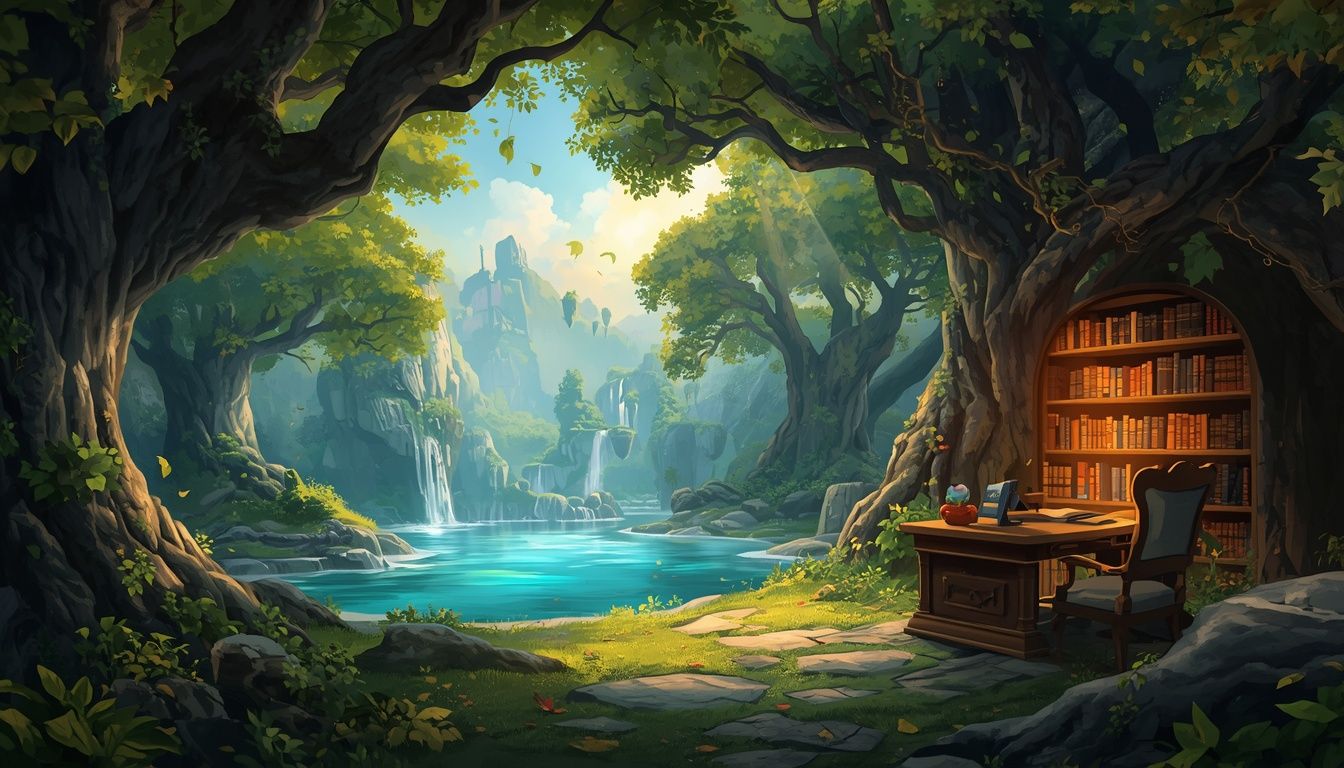 1344x768 masterpiece enchanted open air fantasy library
