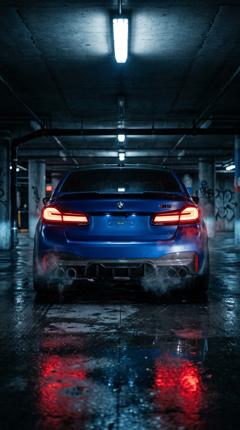 768x1376 Cinematic BMW M5 in Frozen Portimao Blue with Quad Exhaust
