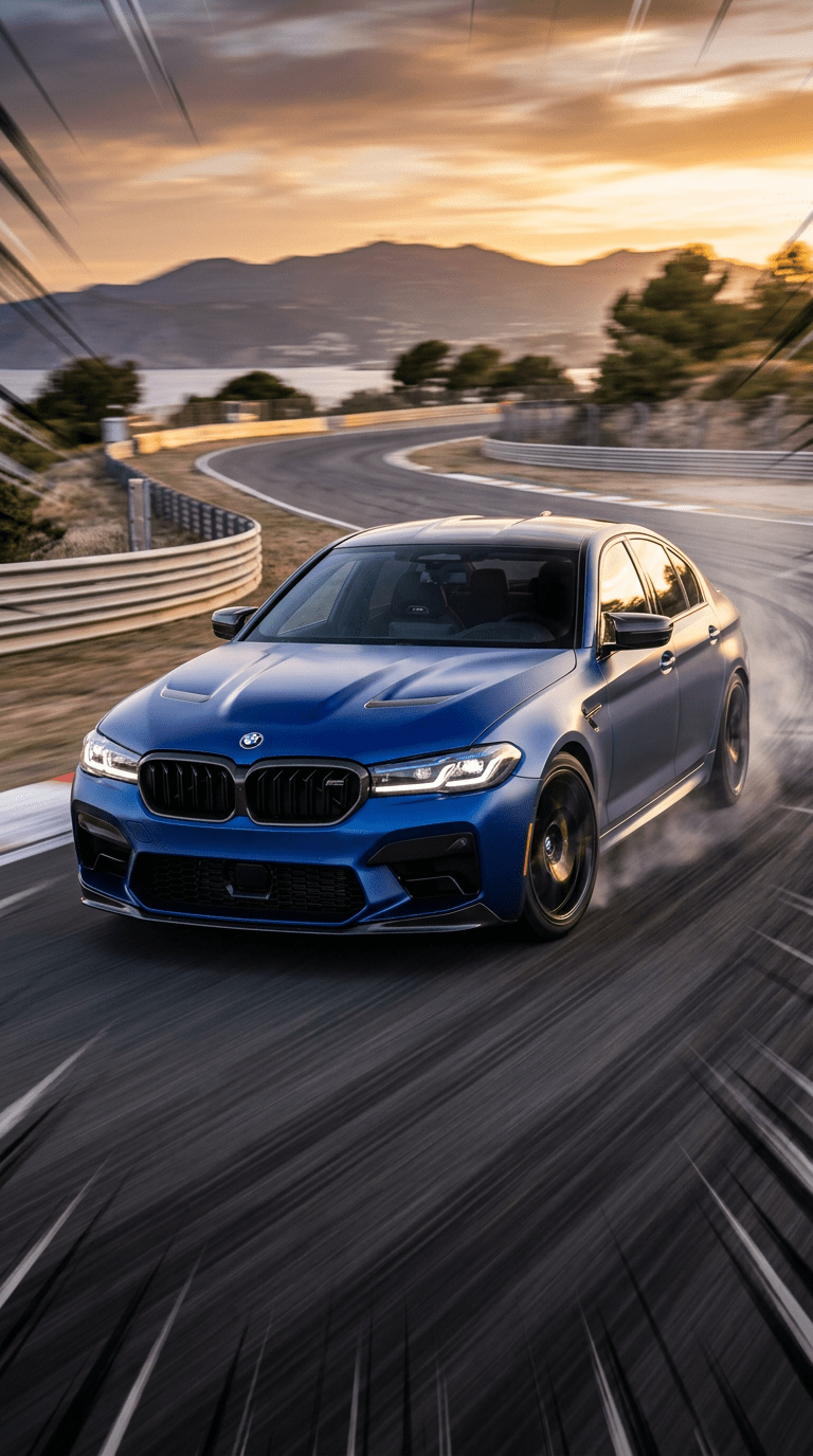 768x1376 Cinematic BMW M5 in Frozen Portimao Blue with Quad Exhaust