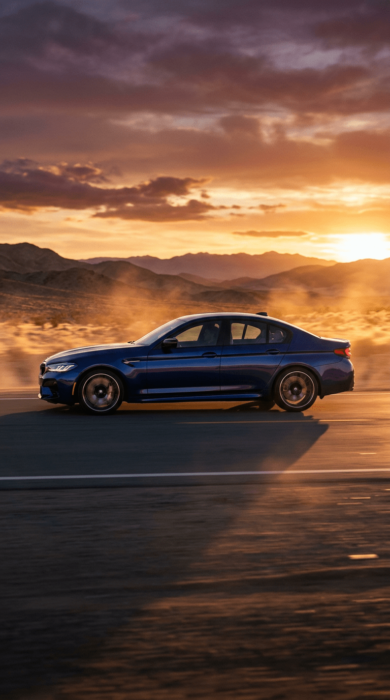 768x1376 Cinematic BMW M5 in Sapphire Blue with Neon Reflections