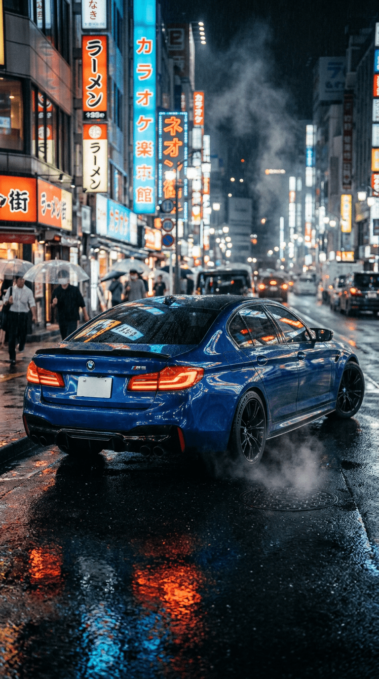 768x1376 Cinematic BMW M5 in Sapphire Blue with Neon Reflections