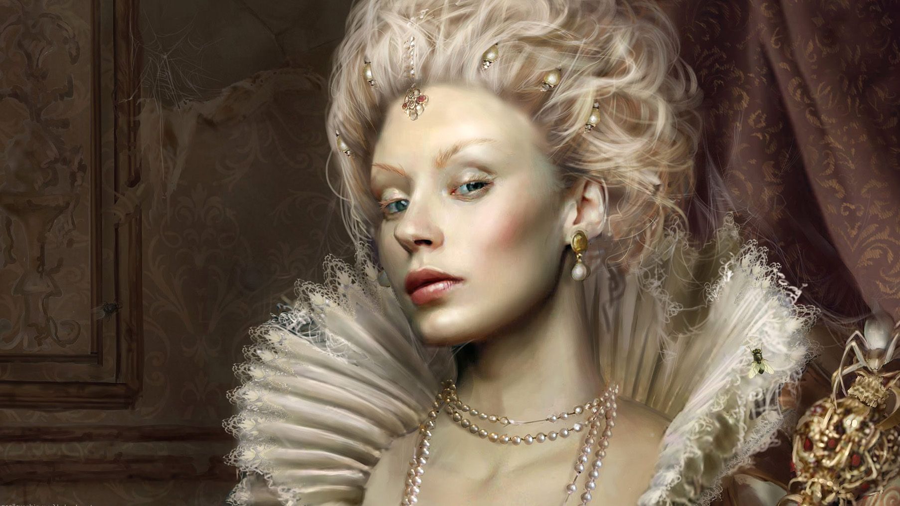 1805x1015 Medieval Fantasy Woman with Pearl Necklace Wallpaperx1015