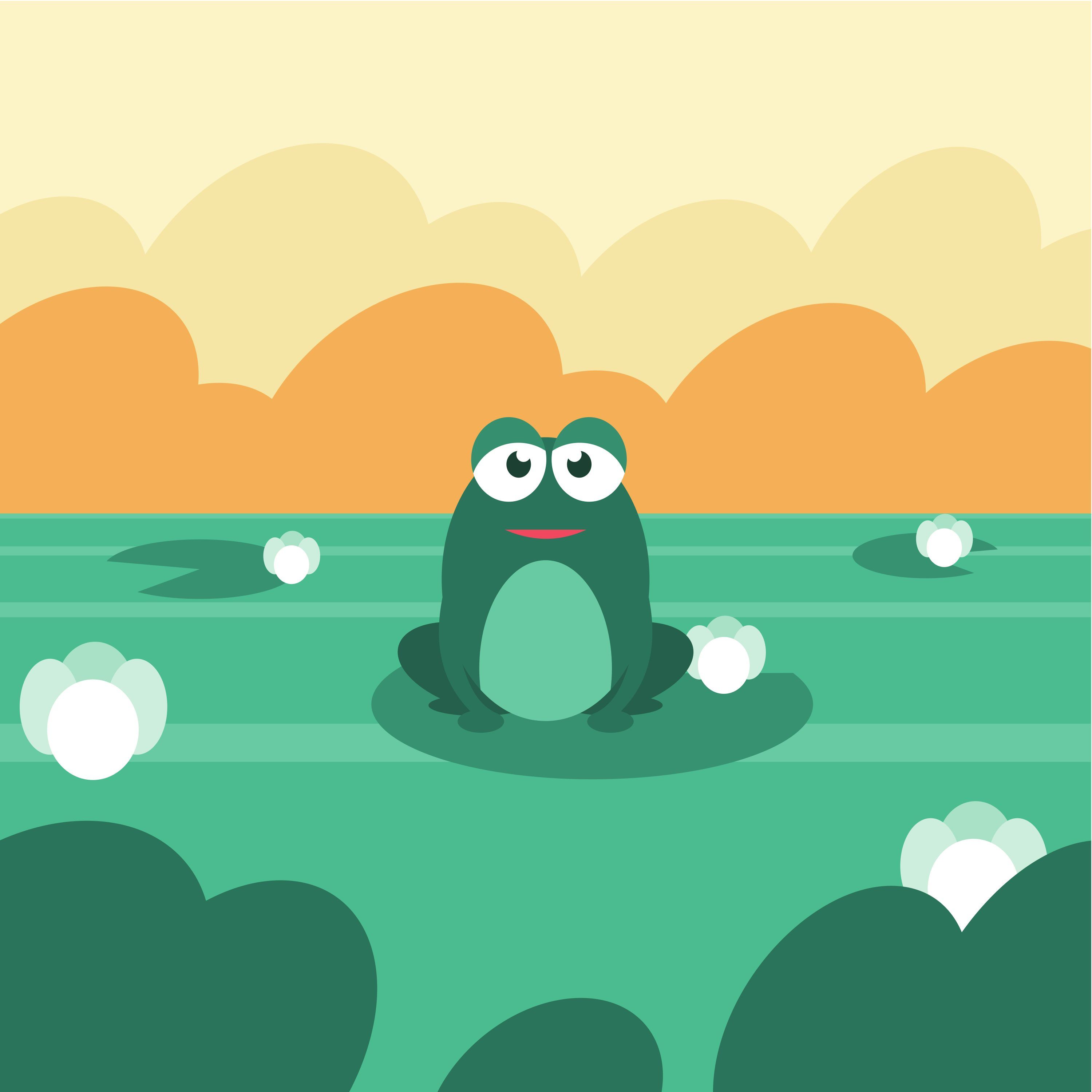 3000x3000 A cartoon frog sits on a lily pad Vector Illustration
