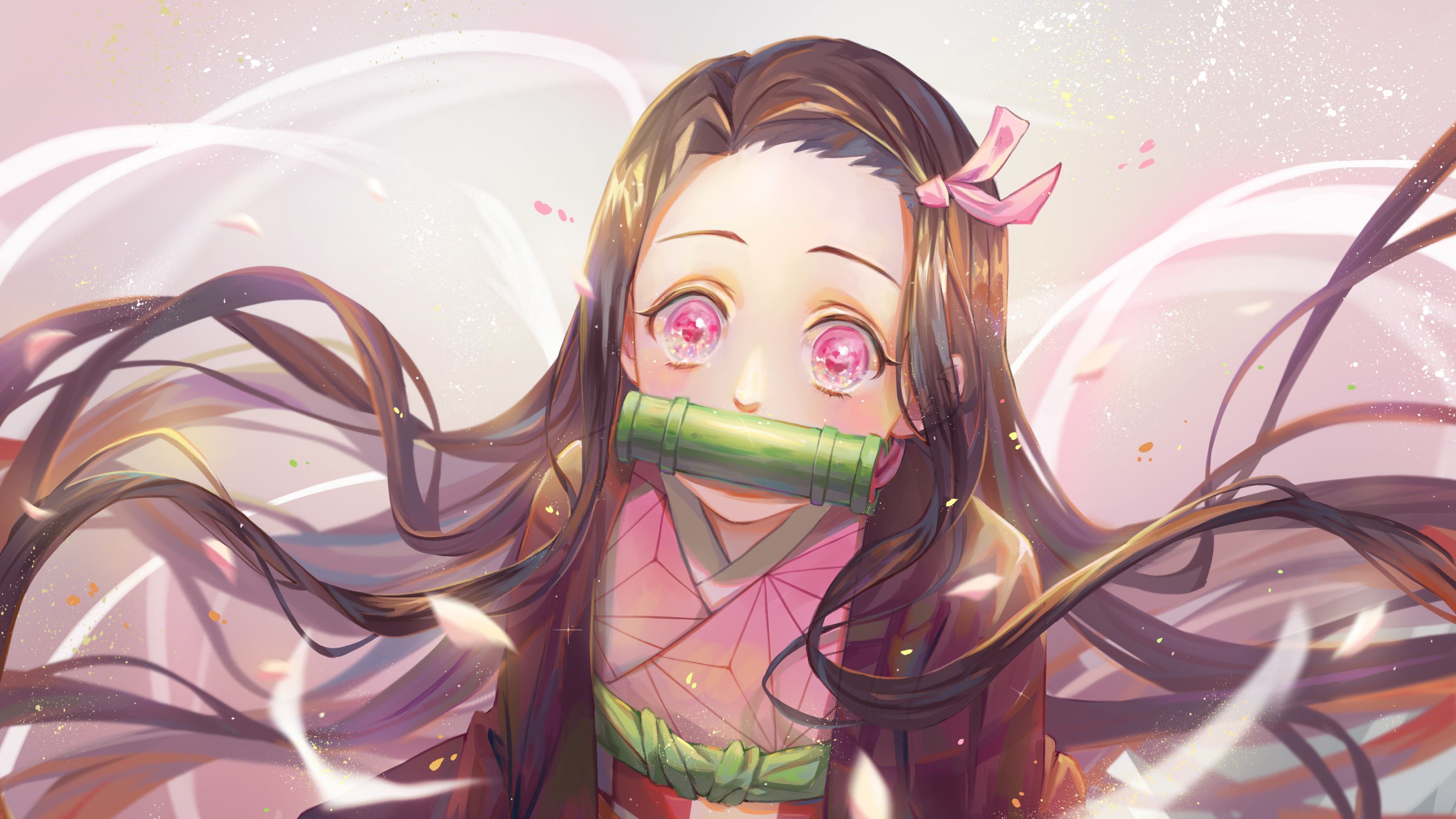 3840x2160 Demon Slayer Scary Nezuko Kamado With Pink Eyes And Long Flying Hair 4K HD Anime Wallpaper