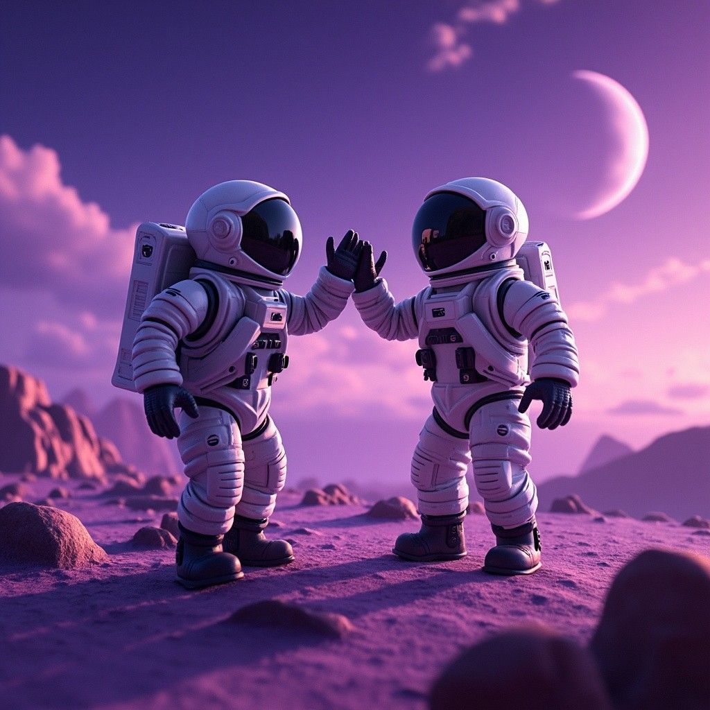 1024x1024 Animated Astronauts High Fiving On Alien Planet With Purple Sky Background