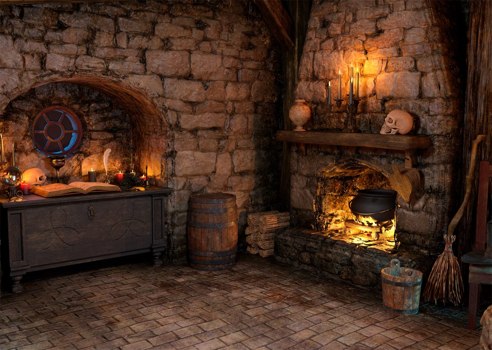 1600x1140 Amazon.com : BELECO 7x5ft Fabric Spooky Witch Cottage Backdrop Halloween Magic Room Witch Kitchen Fireplace Magical Potion Books Candle Skulls Sorcerer Photography Background Witch Party Decorations Photo Props