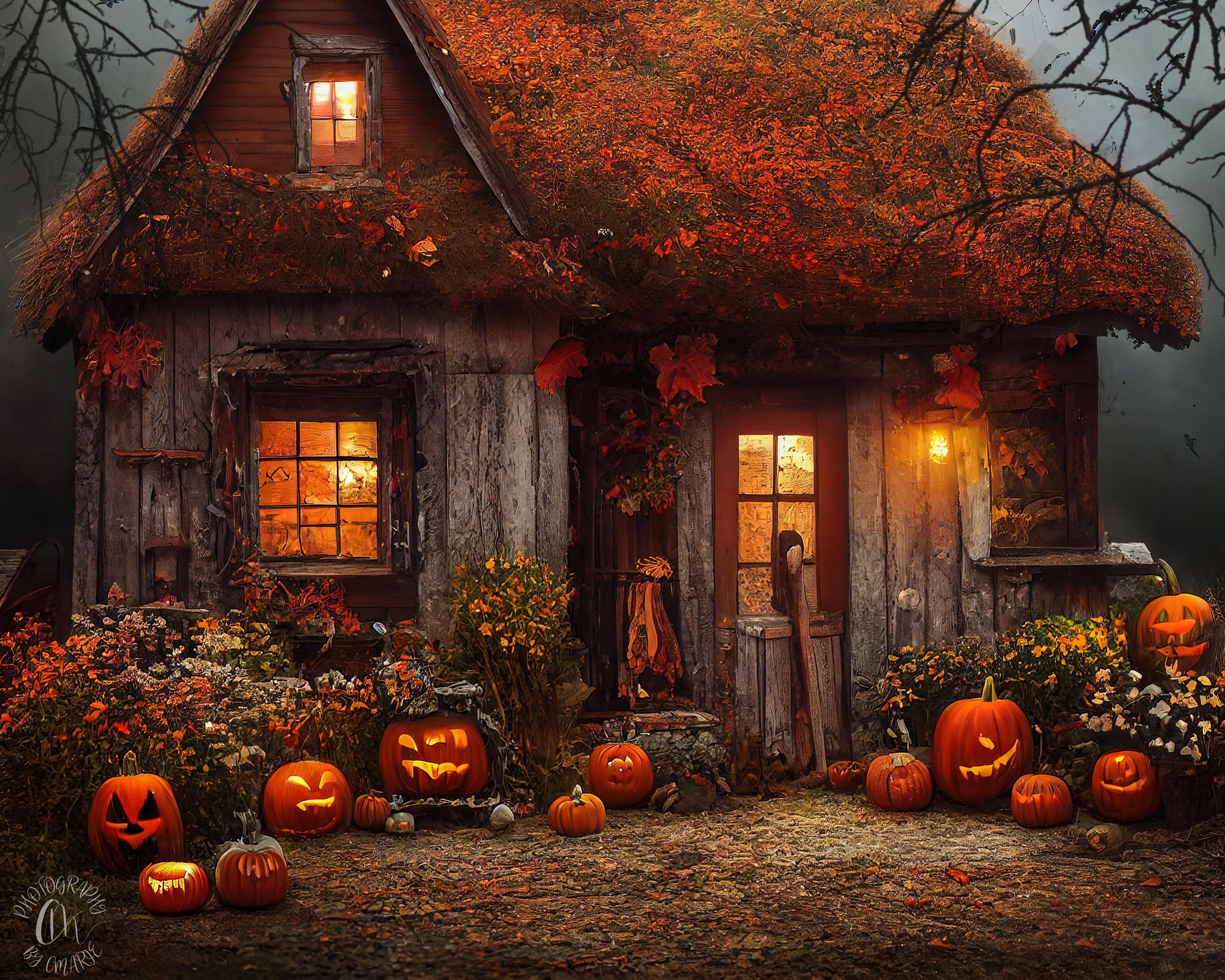 3000x2400 AI Witch cottage digital background, Halloween background for composite