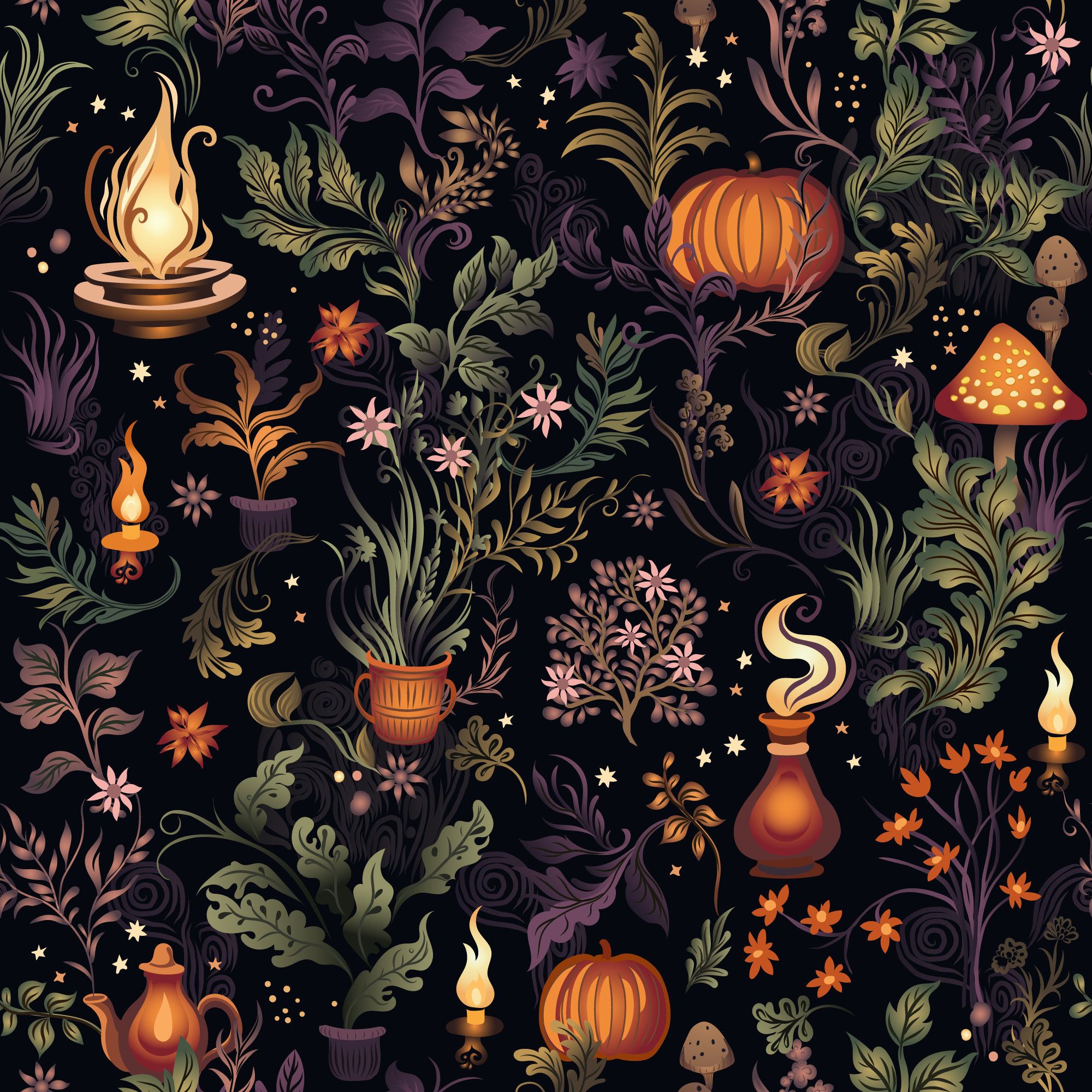 2000x2000 Magical Garden Wallpaper Witch Cottage Pumpkin Pattern Halloween Botanical Peel and Stick Wall Decor Lark Manor