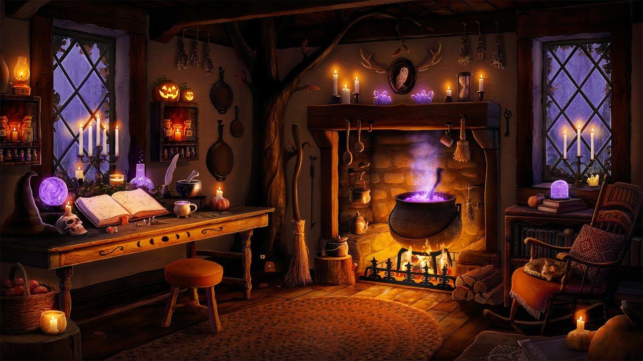 1280x720 Cozy Witch Cottage Ambience with Fireplace, Rain, & Distant Thunder for Relaxation
