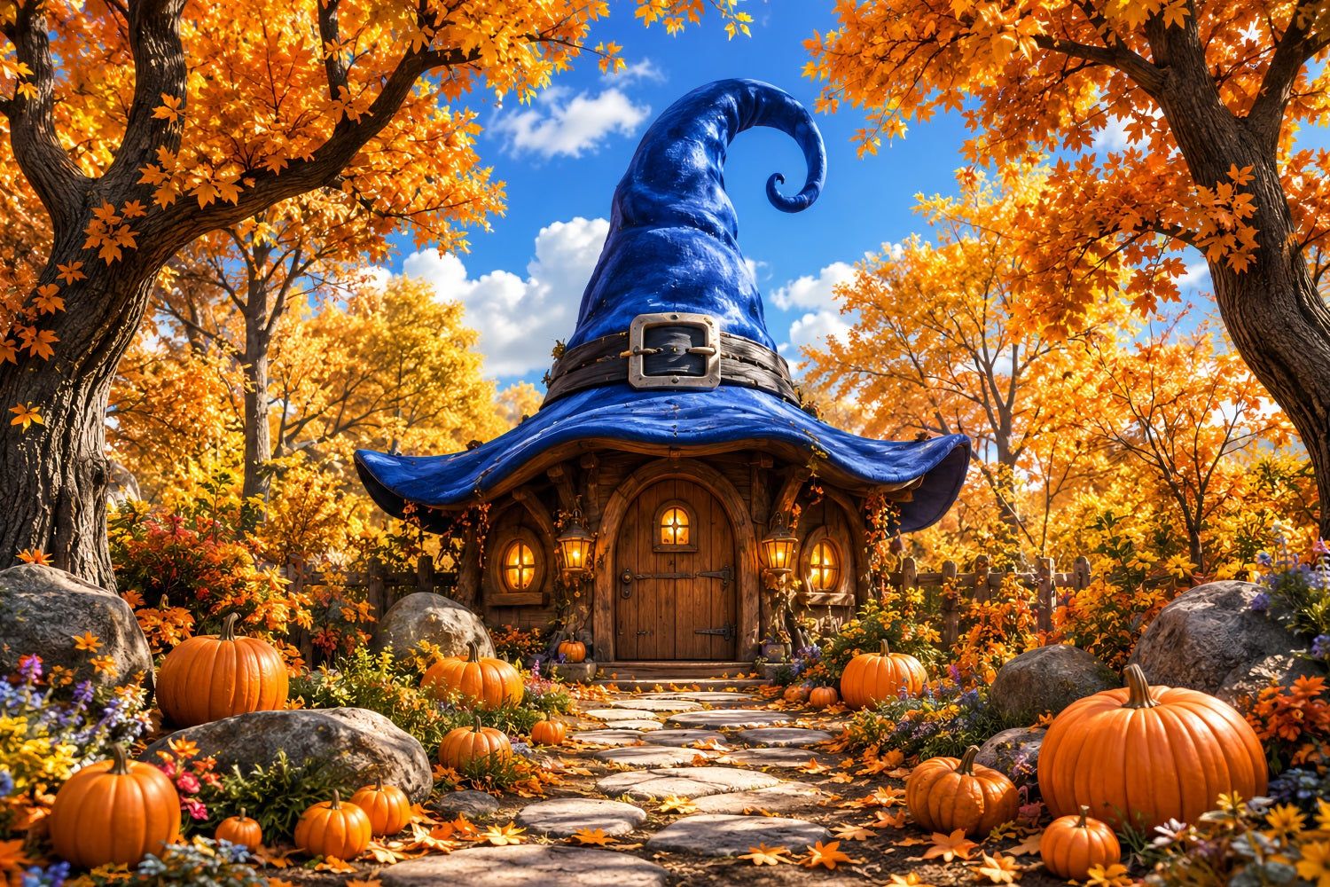 1500x1000 Halloween Cardboard Backdrops Autumn Witch Hat Cottage Halloween Photography Backdrop LXX67- 7'W*5'H(2.2*1.5m)