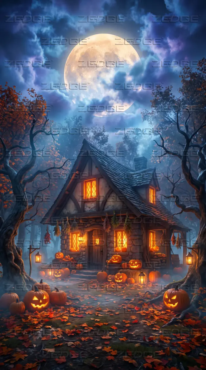 673x1206 Spooky Witch Cottage Pumpkin Forest Dark Halloween Wallpaper wallpaper