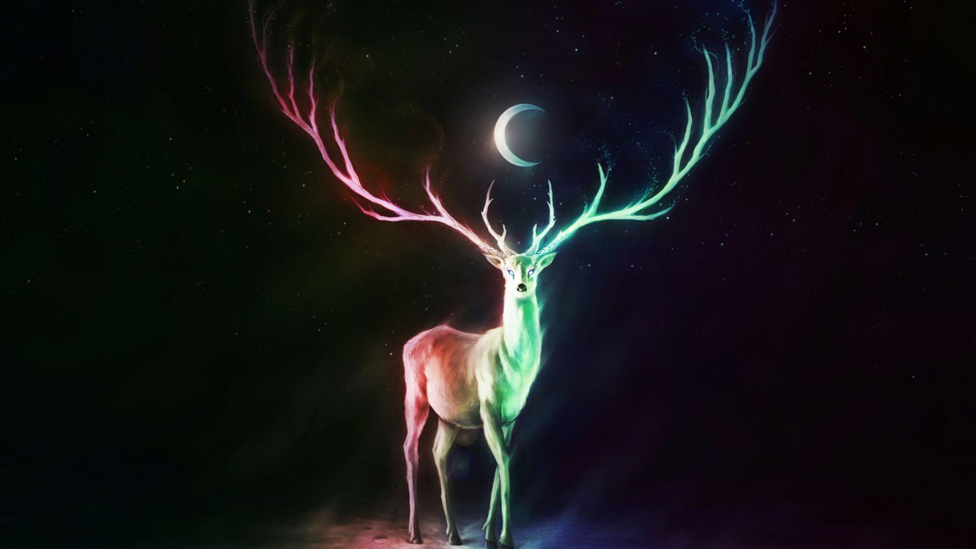1920x1080 Desktop wallpaper balance of life, deer, colorful horns, fantasy, art, HD image, picture, background, 45aa46