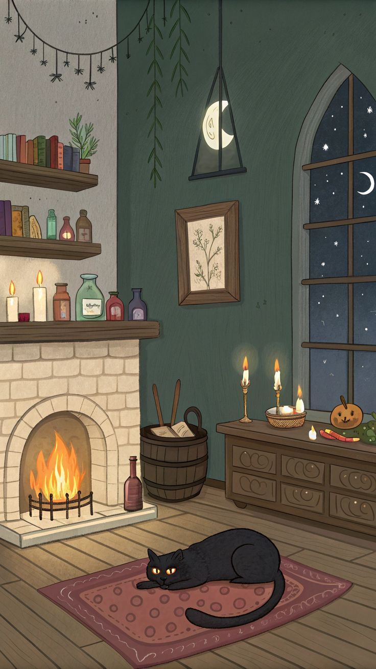 736x1308 Cozy cottage witch aesthetic. Witchy cottage room wallpaper, Witch cottage illustration, Cozy iphone wallpaper aesthetic