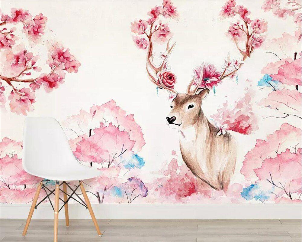 1000x800 Beibehang Custom wallpaper cherry tree deer pastoral TV background wall home decoration living room bedroom mural 3D wallpaper. Wallpaper