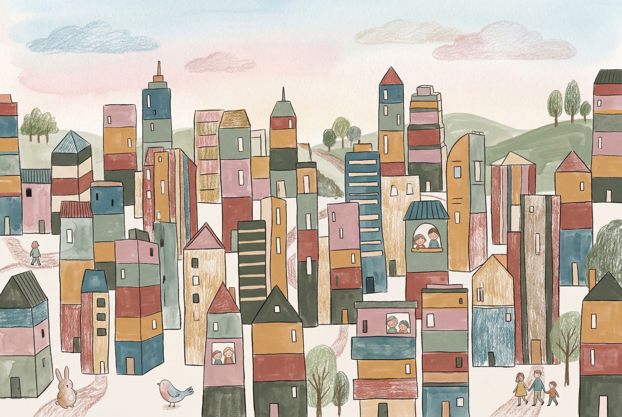 2048x1374 Trinx Whimsical Cityscape Wallpaper Hand Drawn Buildings Storybook Illustration Wall Mural