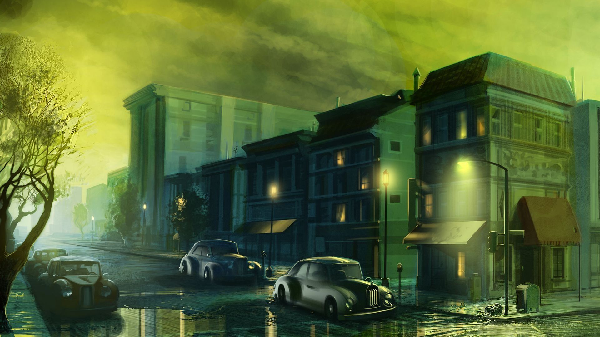 1920x1080 Vintage Night Street HD Drawing Wallpaperx1080