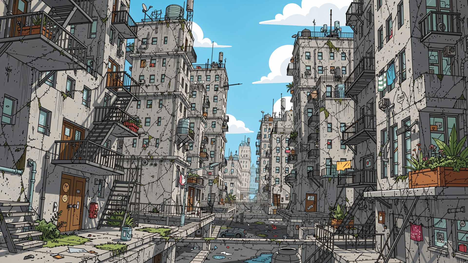 1920x1080 Download Concrete Jungle Cityscape Apartment Building Alley Street 4k Ultra HD Wallpaper