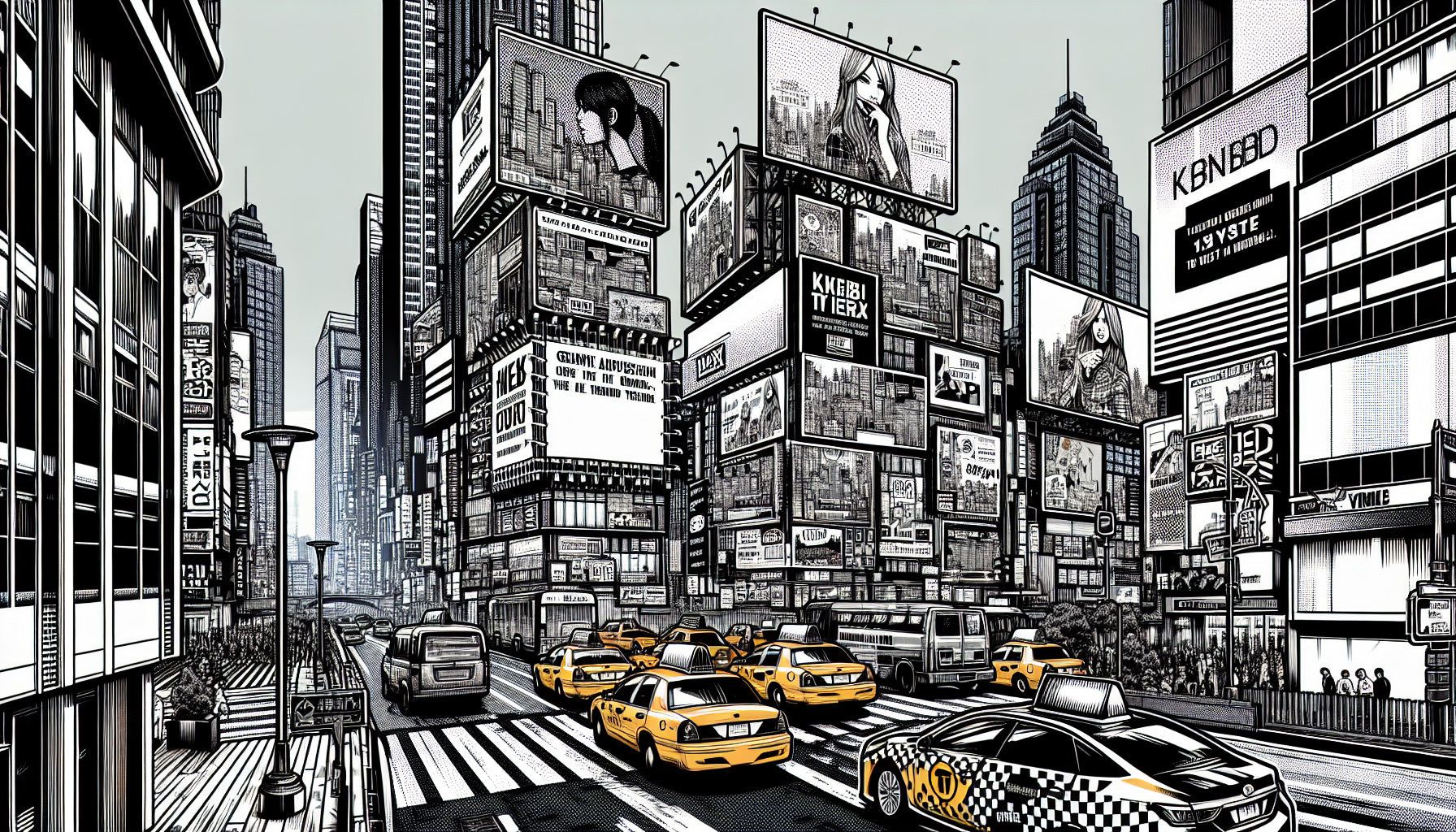1792x1024 Comic Mural Wallpaper. City of Skyscrapers and Yellow Taxis