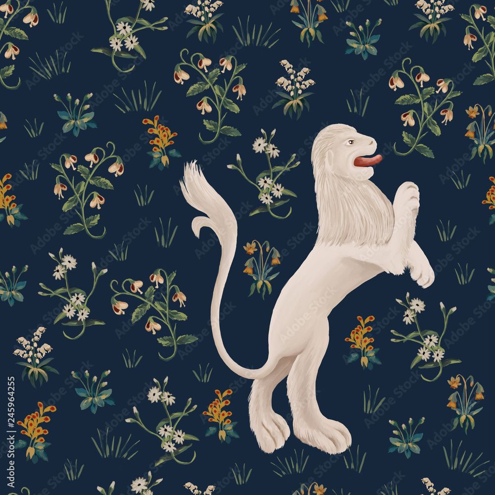 1000x1000 Lion Wallpaper Design, Seamless Pattern In Medieval Tapestries Style, Background, Deep Blue Royal Backdrop, Wrapping Design Stock Illustrasjon