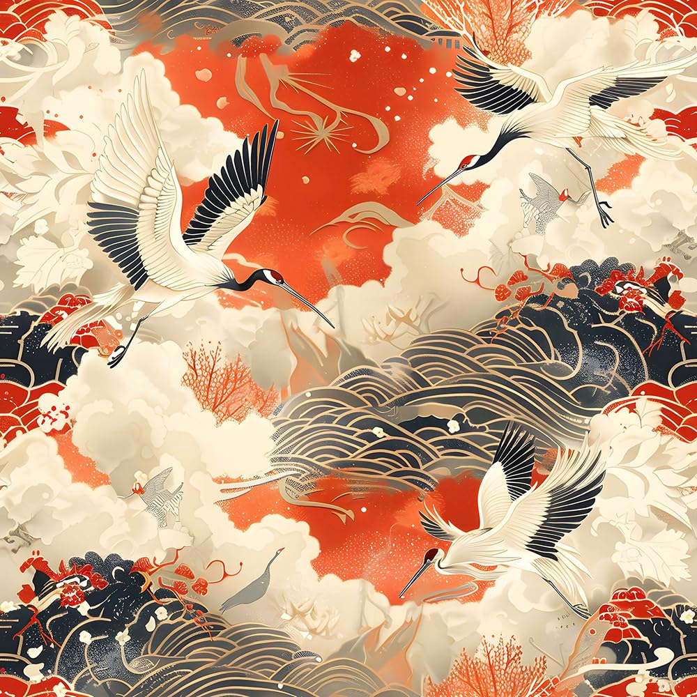 1000x1000 REDAMANCY Chinese Lucky Retro Orange Classical Crane Peel and Stick Wallpaper Vintage Wall Paper Stick on Contact Paper Easy Peel Off for nightstand Drawer Renter Friendly 17.7x236