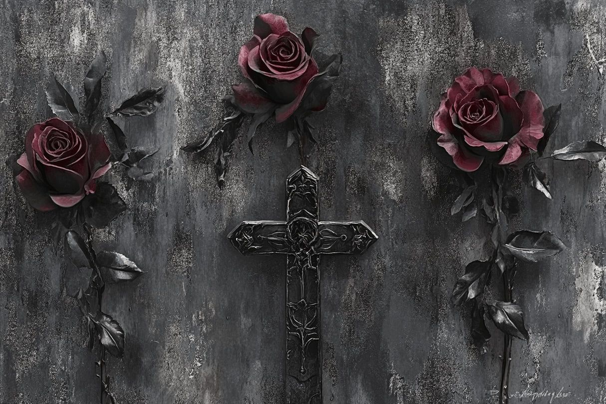 1214x809 Gothic Mural Wallpaper. Dark Roses with Metal Cross Design
