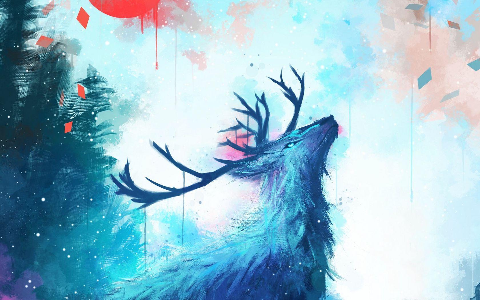 1680x1050 Download wallpaper 1680x1050 deer, antlers, sun, drips, paint, art widescreen 16:10 HD background